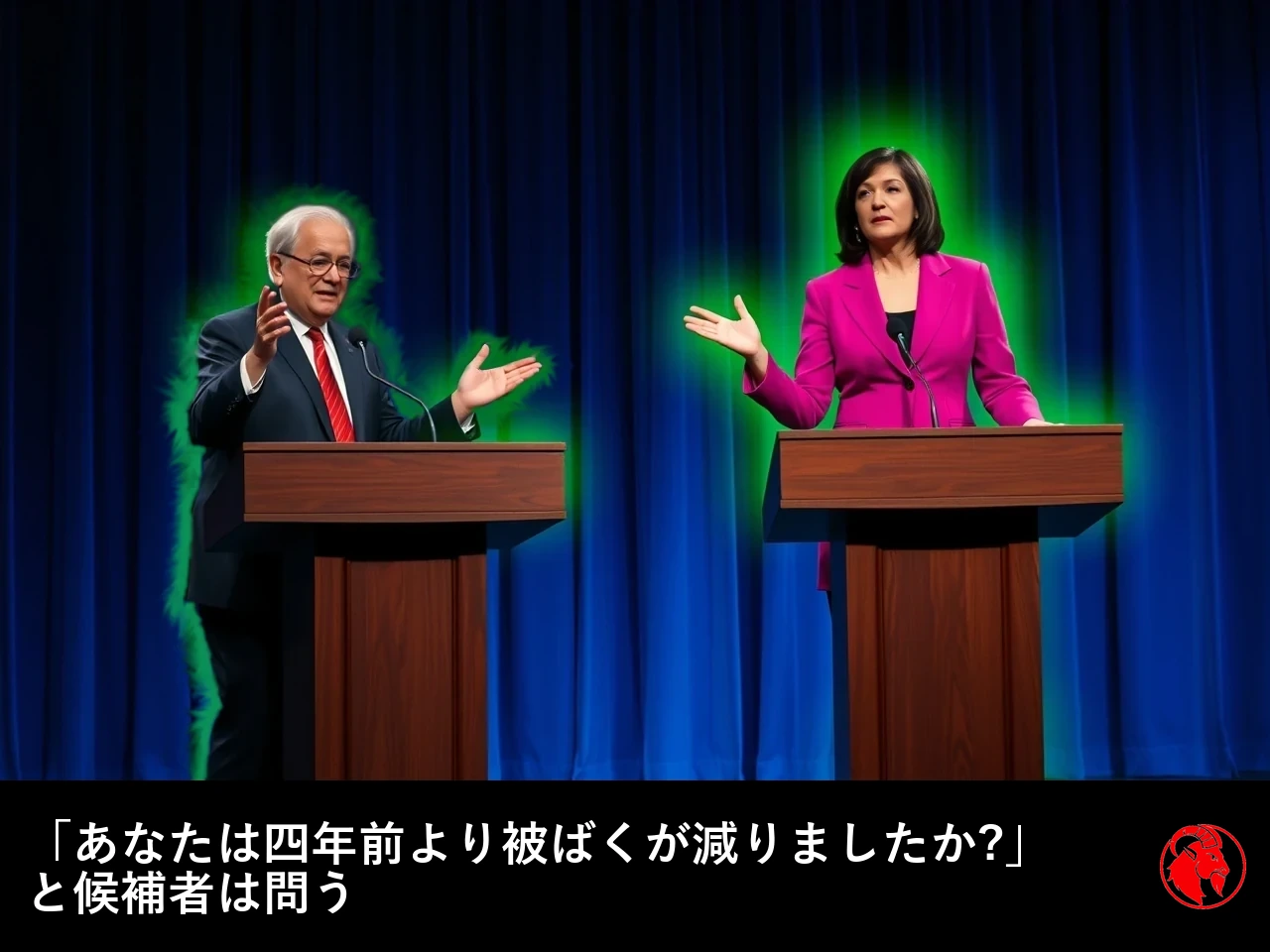 討論会の演台に立つ二人の政治候補者。ともに放射能の緑色に光っている。キャプションには「あなたは4年前より放射能が減りましたか？と政治候補者が問う」とある