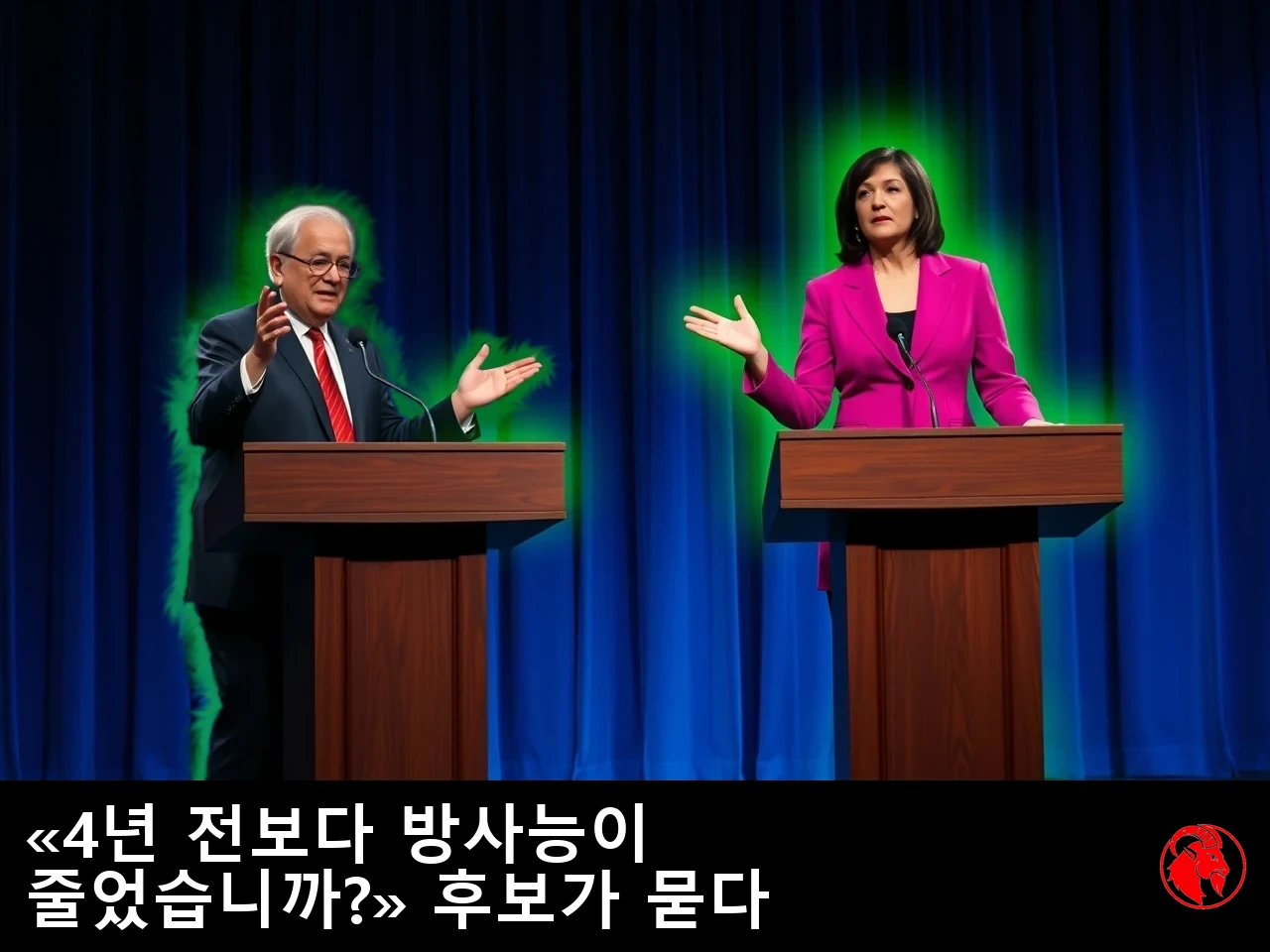 토론 연단에 선 두 후보가 모두 방사성 녹색으로 빛나고 있다. 캡션: 「당신은 4년 전보다 지금 덜 방사성입니까?」라고 정치 후보가 묻는다