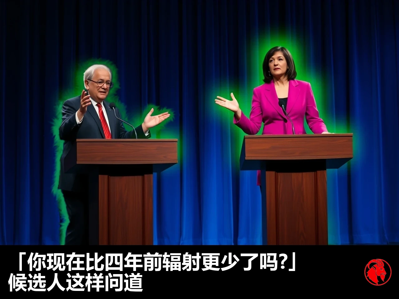 两名政治候选人站在辩论讲台后，全身都泛着放射性的绿光；配文：候选人发问，你现在比四年前辐射更少了吗？