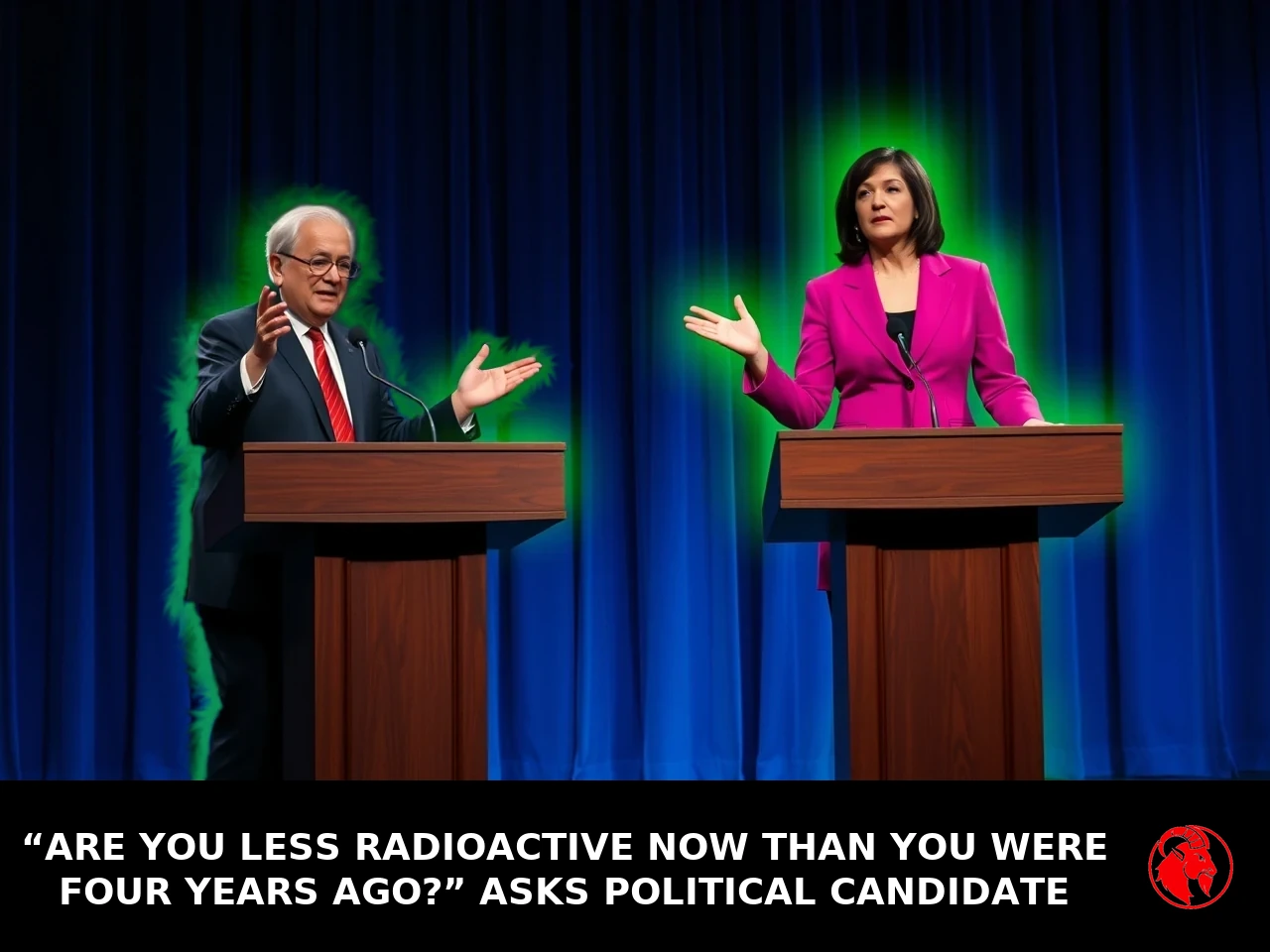 Two political candidates at debate podiums, both glowing radioactive green; caption: Are you less radioactive now than you were four years ago? asks political candidate