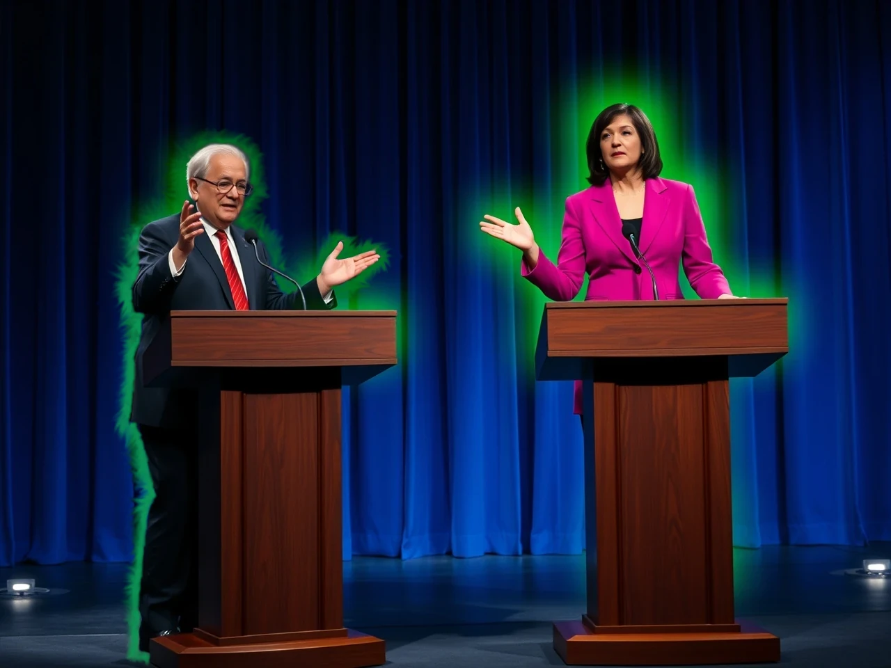 Two political candidates at debate podiums, both glowing radioactive green
