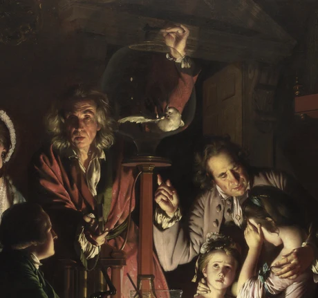 Joseph Wright of Derby, An Experiment on a Bird in the Air Pump (1768): a natural philosopher performs a vacuum experiment on a bird before a rapt audience.