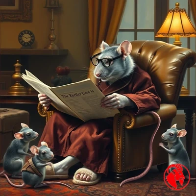 A distinguished elderly rat in a smoking jacket reads a newspaper in an armchair.