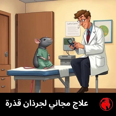 جرذ صغير يرتدي رداء مستشفى يجلس منتصبًا على طاولة فحص بينما يفحصه طبيب بشري بكامل الحجم