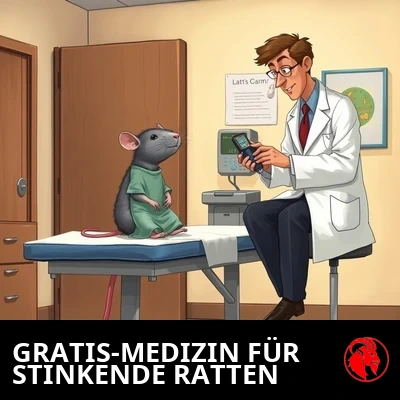 Eine winzige Ratte im Krankenhauskittel sitzt aufrecht auf einem Untersuchungstisch und wird von einem menschlichen Arzt in voller Größe untersucht