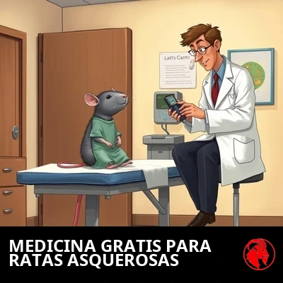 Una rata diminuta con bata de hospital se sienta erguida sobre una camilla de exploración mientras un médico humano de tamaño natural le hace un chequeo