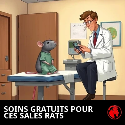 Un rat minuscule en blouse d'hôpital, assis bien droit sur une table d'examen, se fait ausculter par un médecin humain de taille normale