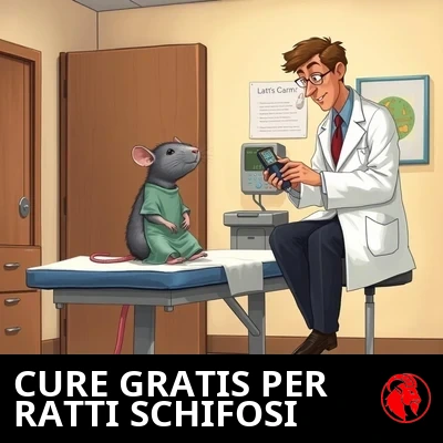 Un minuscolo topo in camice ospedaliero siede eretto su un lettino da visita mentre viene visitato da un medico umano a grandezza naturale