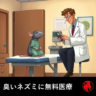 病院用ガウンを着た小さなネズミが診察台の上に背筋を伸ばして座り、等身大の人間の医師から健康診断を受けている。