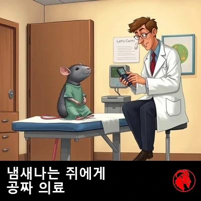 환자복을 입은 작은 쥐가 진찰대 위에 똑바로 앉아, 실물 크기의 인간 의사에게 검진을 받고 있다.