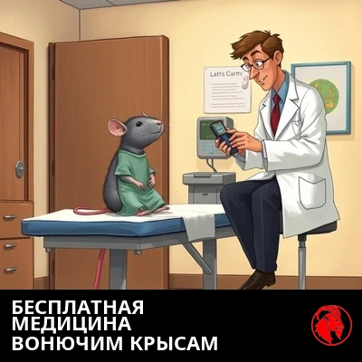 Крошечная крыса в больничном халате сидит прямо на смотровом столе и проходит осмотр у человека-врача в полный рост