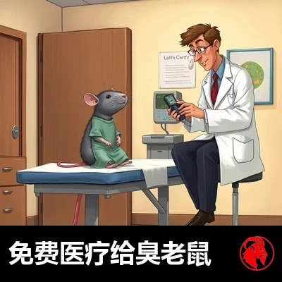 一只身穿病号服的小老鼠端坐在检查台上，正接受一位真人大小的医生检查。