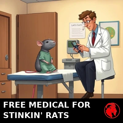 A tiny rat in a hospital gown sits upright on an exam table getting a checkup from a full-size human doctor