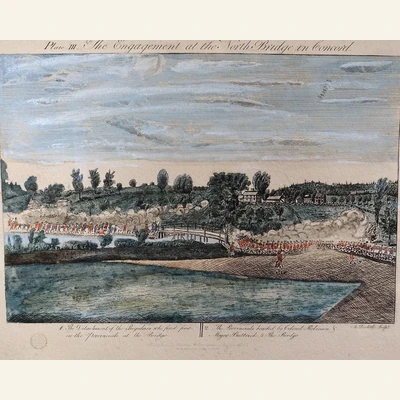 The 'Protracted Replay', delivered eight months later, showing a very questionable in-game call Doolittle Plate III: the engagement at the North Bridge in Concord, hand-colored 1775 engraving