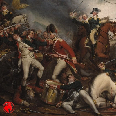 Detail from John Trumbull's Death of General Mercer at the Battle of Princeton: Revolutionaries mobbing a Redcoat in a bayonet melee