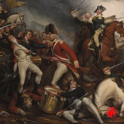 Detail from John Trumbull's Death of General Mercer at the Battle of Princeton: Revolutionaries mobbing a Redcoat in a bayonet melee
