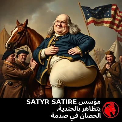 بنجامين فرانكلين مؤسس Satyr Satire في بزّة ضابطٍ قاريّ لا تناسب مقاسه، يرفعه جنودٌ مجهَدون إلى صهوة حصان