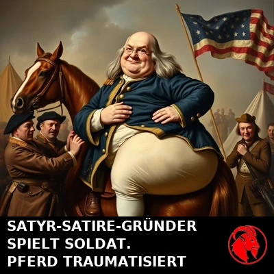 Satyr-Satire-Gründer Benjamin Franklin in schlecht sitzender Uniform eines Kontinentaloffiziers, von ächzenden Soldaten auf ein Pferd gehievt