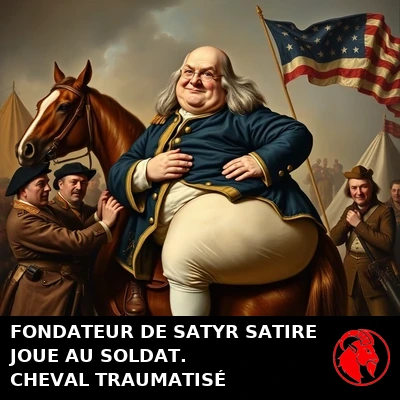 Benjamin Franklin, fondateur de Satyr Satire, hiss&eacute; sur un cheval par des soldats &agrave; la peine dans un uniforme d'officier continental trop &eacute;troit