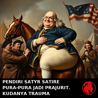 Pendiri Satyr Satire Benjamin Franklin, dalam seragam perwira Kontinental yang kedodoran, dinaikkan ke atas kuda oleh para prajurit yang terengah-engah