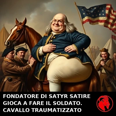 Il fondatore di Satyr Satire Benjamin Franklin in un'uniforme da ufficiale continentale della taglia sbagliata, issato su un cavallo da soldati allo stremo