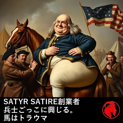 サイズの合わない大陸軍将校の軍服を着た Satyr Satire 創業者ベンジャミン・フランクリンを、兵士たちが力み返りながら馬上へ押し上げている