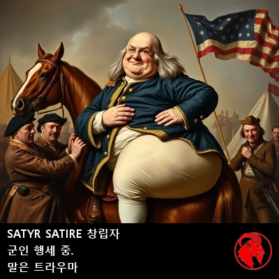 몸에 맞지 않는 대륙군 장교 제복 차림의 Satyr Satire 창립자 벤저민 프랭클린이 안간힘을 쓰는 병사들 손에 말 위로 들어 올려지고 있다