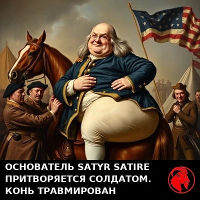 Основатель Satyr Satire Бенджамин Франклин в плохо сидящем мундире континентального офицера: солдаты с натугой водружают его на коня