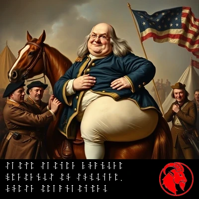 Satyr Satire founder Benjamin Franklin, in an ill-fitting Continental officer uniform, hoisted onto a horse by straining soldiers