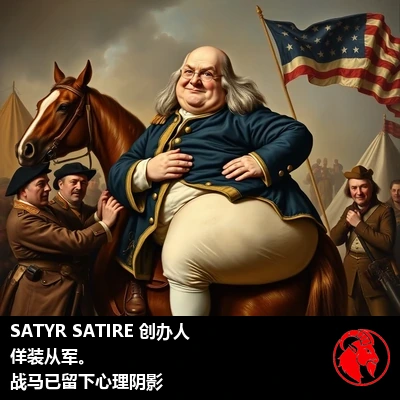 Satyr Satire 创办人本杰明·富兰克林身穿不合身的大陆军军官制服，被几名士兵吃力地抬上马背