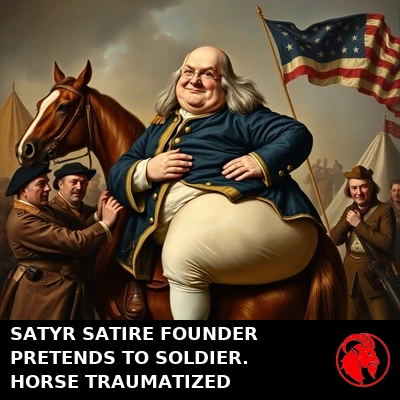 Satyr Satire founder Benjamin Franklin, in an ill-fitting Continental officer uniform, hoisted onto a horse by straining soldiers