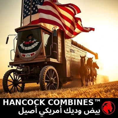 حصّادات هانكوك: حصّادة-بيك-أب خشبية هائلة من طراز 1776 مكسوّةٌ بالعلم وأشرطة الزينة