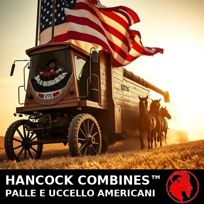Hancock Combines: una colossale mietitrebbia-pickup di legno del 1776 drappeggiata di bandiere e festoni