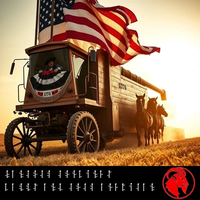 Hancock Combines: a colossal wooden 1776 pickup-combine draped in flag and bunting
