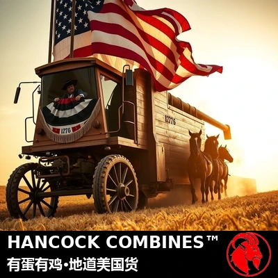 Hancock Combines：一台披着国旗与彩带的巨型1776木制皮卡联合收割机