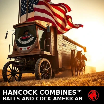 Hancock Combines: a colossal wooden 1776 pickup-combine draped in flag and bunting