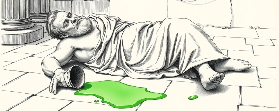 Black-and-white sketch of Socrates lying dead, a fallen cup spilling green poison on the floor beside him