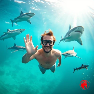 A smiling man in swim trunks and snorkel mask floats serenely underwater, waving at the camera, surrounded by five distinct sharks of various species