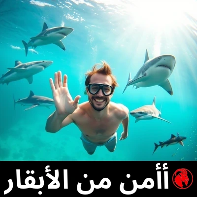 رجل مبتسم بزيّ سباحة وأنبوب تنفّس يطفو بهدوء تحت الماء، ملوّحاً للكاميرا، محاطاً بخمسة أسماك قرش من أنواع مختلفة. التعليق: أأمن من الأبقار.