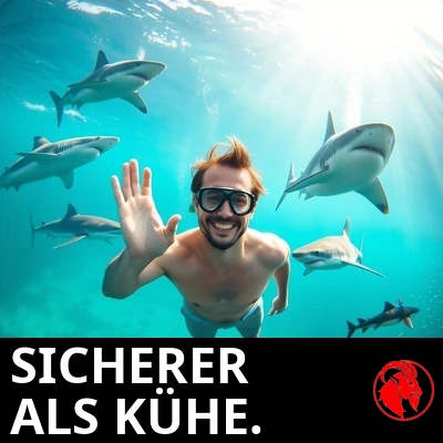 Ein lächelnder Mann in Badehose und mit Schnorchel schwebt gelassen unter Wasser, winkt in die Kamera, umgeben von fünf Haien verschiedener Arten. Bildunterschrift: Sicherer als Kühe.