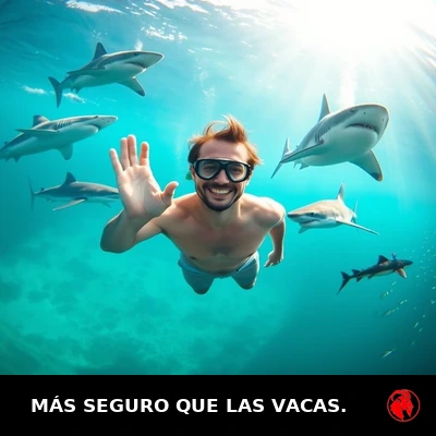 Un hombre sonriente en traje de baño y esnórquel flota sereno bajo el agua, saludando a la cámara, rodeado de cinco tiburones de distintas especies. Leyenda: MÁS SEGURO QUE LAS VACAS.