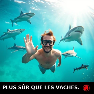 Un homme souriant en maillot et masque de plongée flotte sereinement sous l'eau, saluant la caméra, entouré de cinq requins d'espèces différentes. Légende : PLUS SÛR QUE LES VACHES.