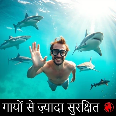 एक मुस्कुराता हुआ आदमी तैराकी की पोशाक और स्नॉर्कल में पानी के भीतर शांति से तैर रहा है, कैमरे की ओर हाथ हिलाते हुए, पाँच अलग-अलग प्रजातियों के शार्कों से घिरा हुआ। कैप्शन: गायों से ज़्यादा सुरक्षित।