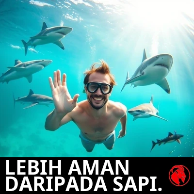 Seorang pria tersenyum berpakaian renang dan snorkel mengambang tenang di bawah air, melambai ke kamera, dikelilingi lima hiu dari spesies berbeda. Keterangan: Lebih aman daripada sapi.