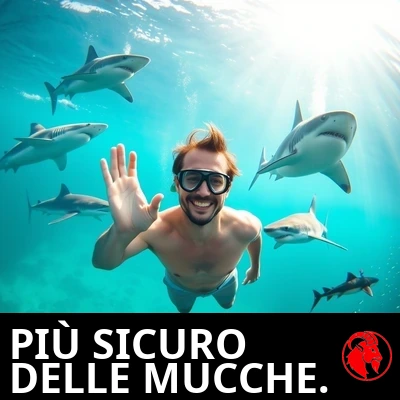 Un uomo sorridente in costume e con boccaglio fluttua sereno sott'acqua, salutando la telecamera, circondato da cinque squali di specie diverse. Didascalia: Più sicuro delle mucche.