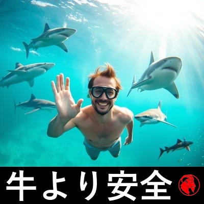 水着とシュノーケル姿の笑顔の男性が水中で穏やかに漂い、カメラに手を振る。周りを五種類のサメが取り囲む。キャプション：牛より安全。