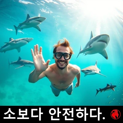수영복과 스노클 차림의 웃는 남자가 물속에서 평온하게 떠 카메라를 향해 손을 흔든다. 서로 다른 다섯 종의 상어가 그를 둘러싸고 있다. 캡션: 소보다 안전함.