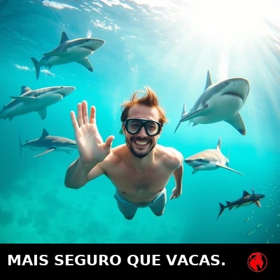 Um homem sorridente de sunga e snorkel flutua sereno debaixo d'água, acenando para a câmera, cercado por cinco tubarões de espécies diferentes. Legenda: MAIS SEGURO QUE AS VACAS.