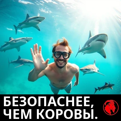 Улыбающийся мужчина в плавках и с трубкой безмятежно парит под водой, махая в камеру, в окружении пяти акул разных видов. Подпись: Безопаснее коров.