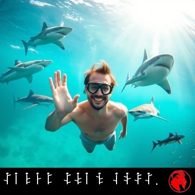 A smiling man in swim trunks and snorkel mask floats serenely underwater, waving at the camera, surrounded by five distinct sharks of various species. Caption: Safer than cows.